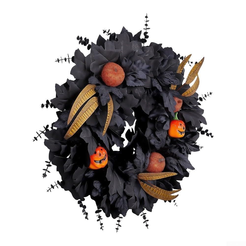 Dekoracja na drzwi Halloween 50 cm czarne realistyczne liście dynia