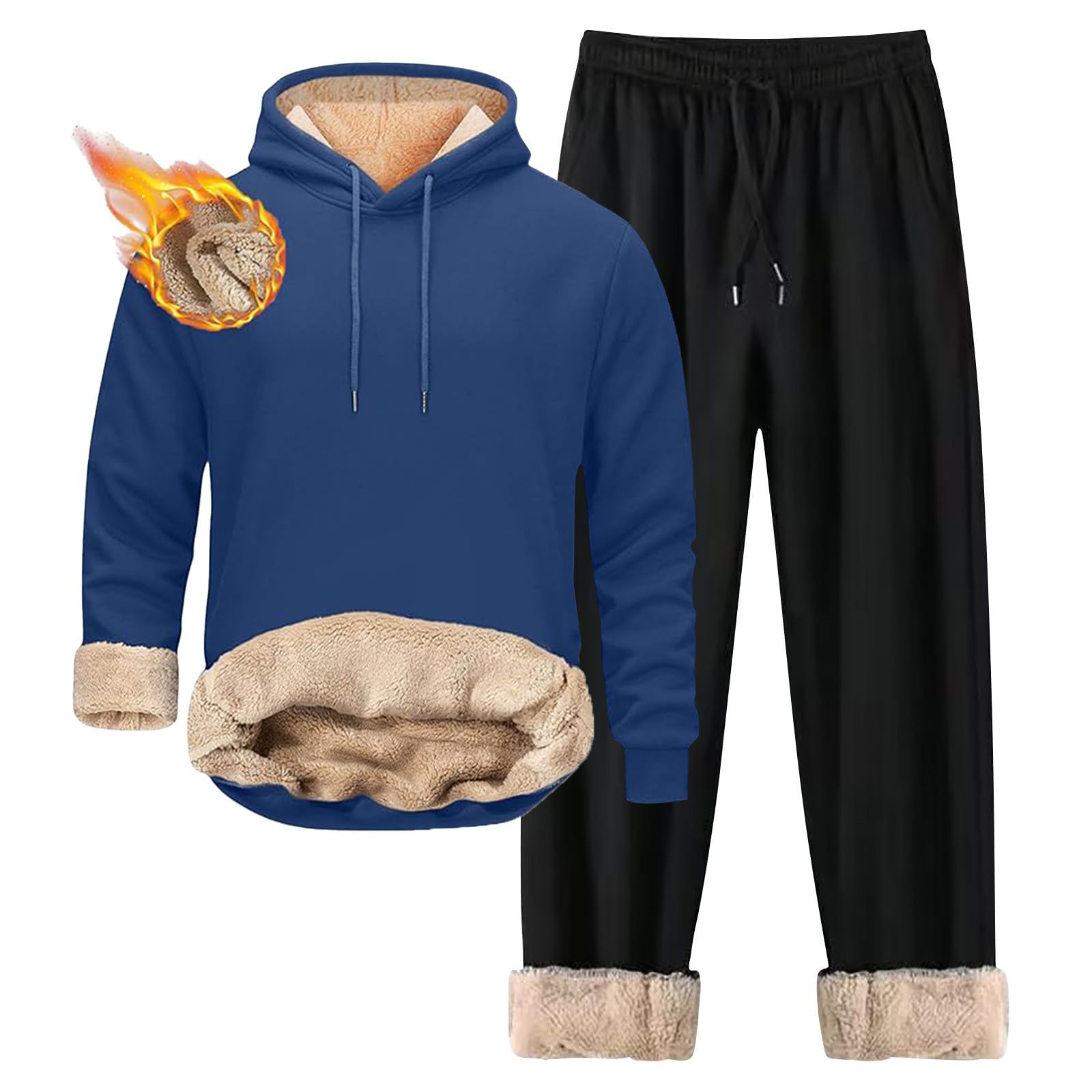 Generisch Conjunto de chándal térmico para hombre, a prueba de viento, sudadera de forro polar cálido, sudadera de invierno engrosada, sudaderas acogedoras con forro polar, ropa deportiva suave
