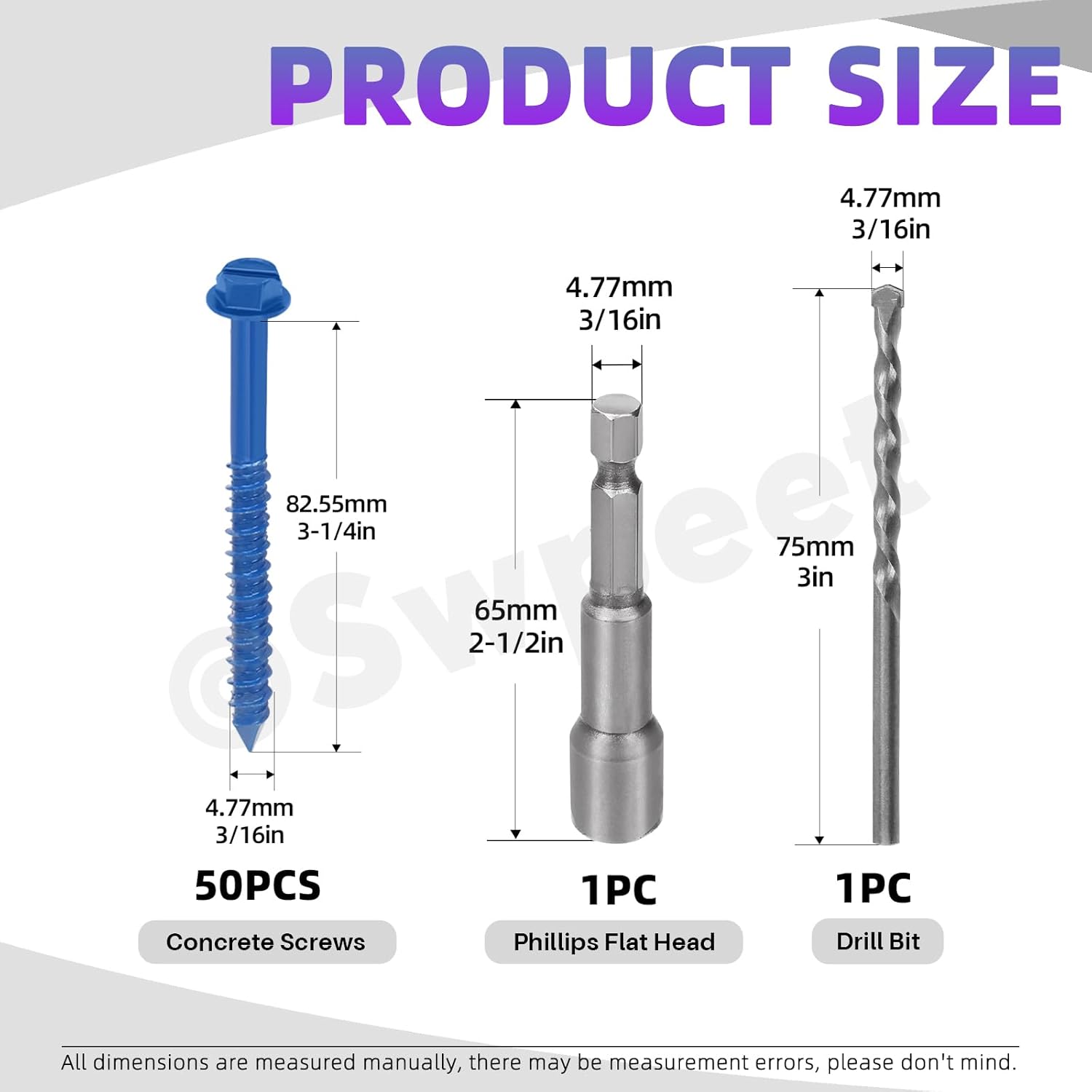 Swpeet 52Pcs 3/16" x 3-1/4" Slotted Hex Washer Head Concrete Screws Anchor with Hex Bit Socket and Drill Bit Assortment Kit, Self Tapping Cement Screws for Anchoring to Masonry Block Brick Stucco