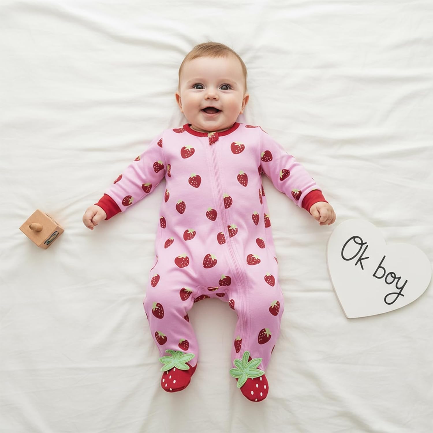 Infant Baby Girl Outfit Strawberry Print Crew Neck Zipper Long Sleeve Footies Romper Jumpsuit Newborn Spring Clothes - Image 3