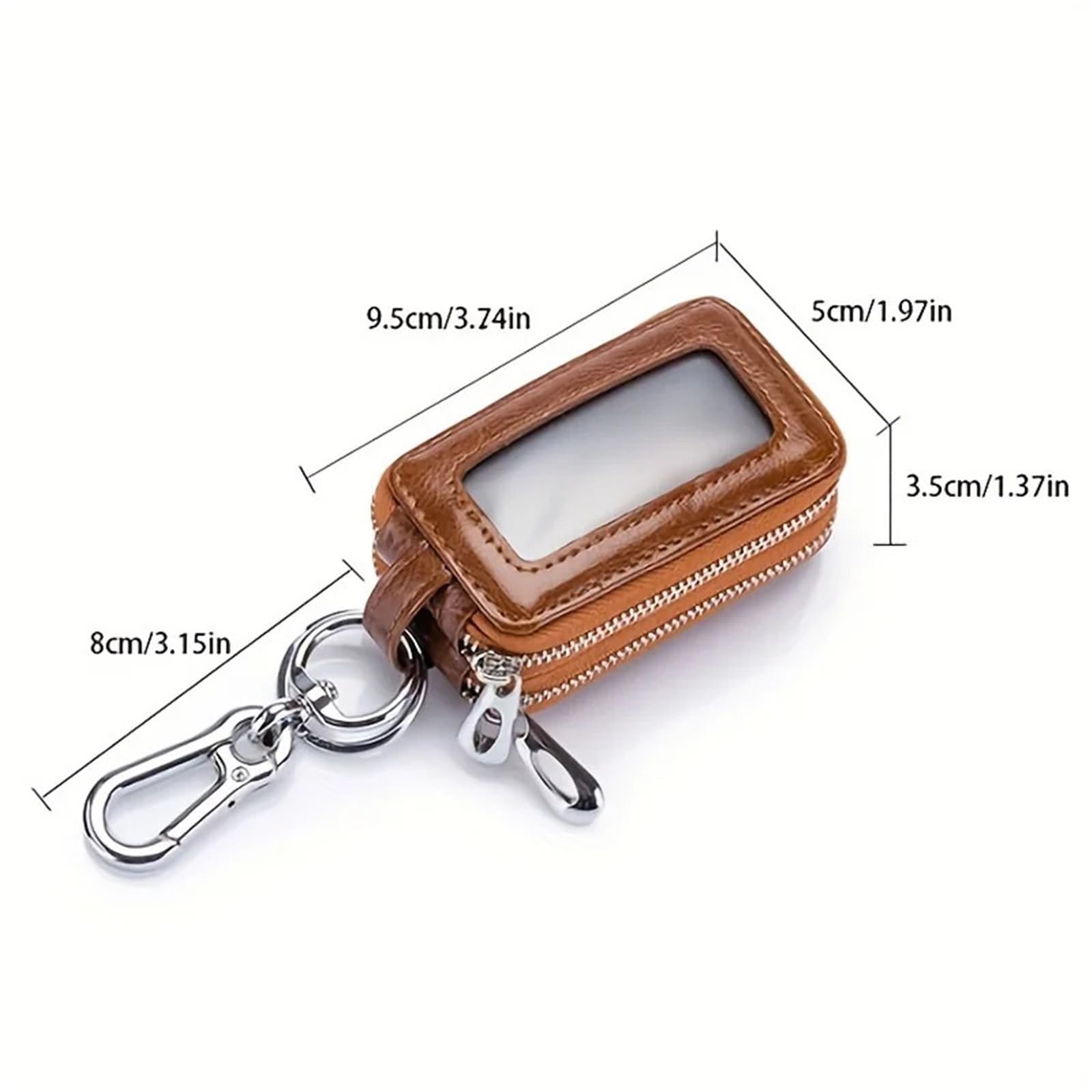 Car Key Chain Auto Split Leather 2 Zipper Case Holder Storage Bag For Man Women's Transparent Pocket(Red)
