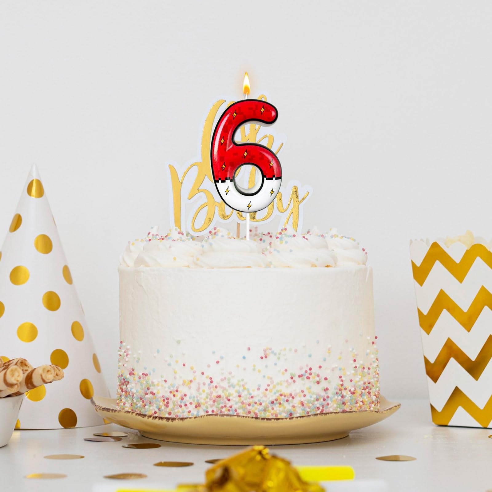 Vela digital de pastel de relámpago de dibujos animados blanco y rojo, vela de cumpleaños de dibujos animados, decoración de pasteles, decoración de cumpleaños, suministros de fiesta de