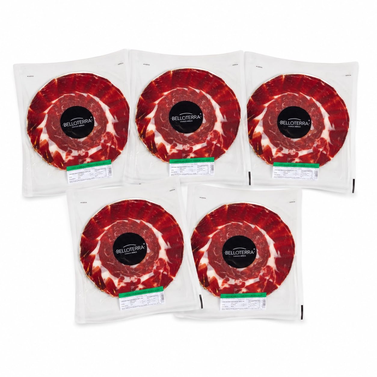 BELLOTERRA | Pack 5 Sobres Jamón de Cebo de Campo 50% Ibérico Loncheado | 5 x 80 gr | Sobre Envasado Atmosférico | Curación 24-30 Meses | Raza Ibérica de Campo | Aperitivo Gourmet Listo