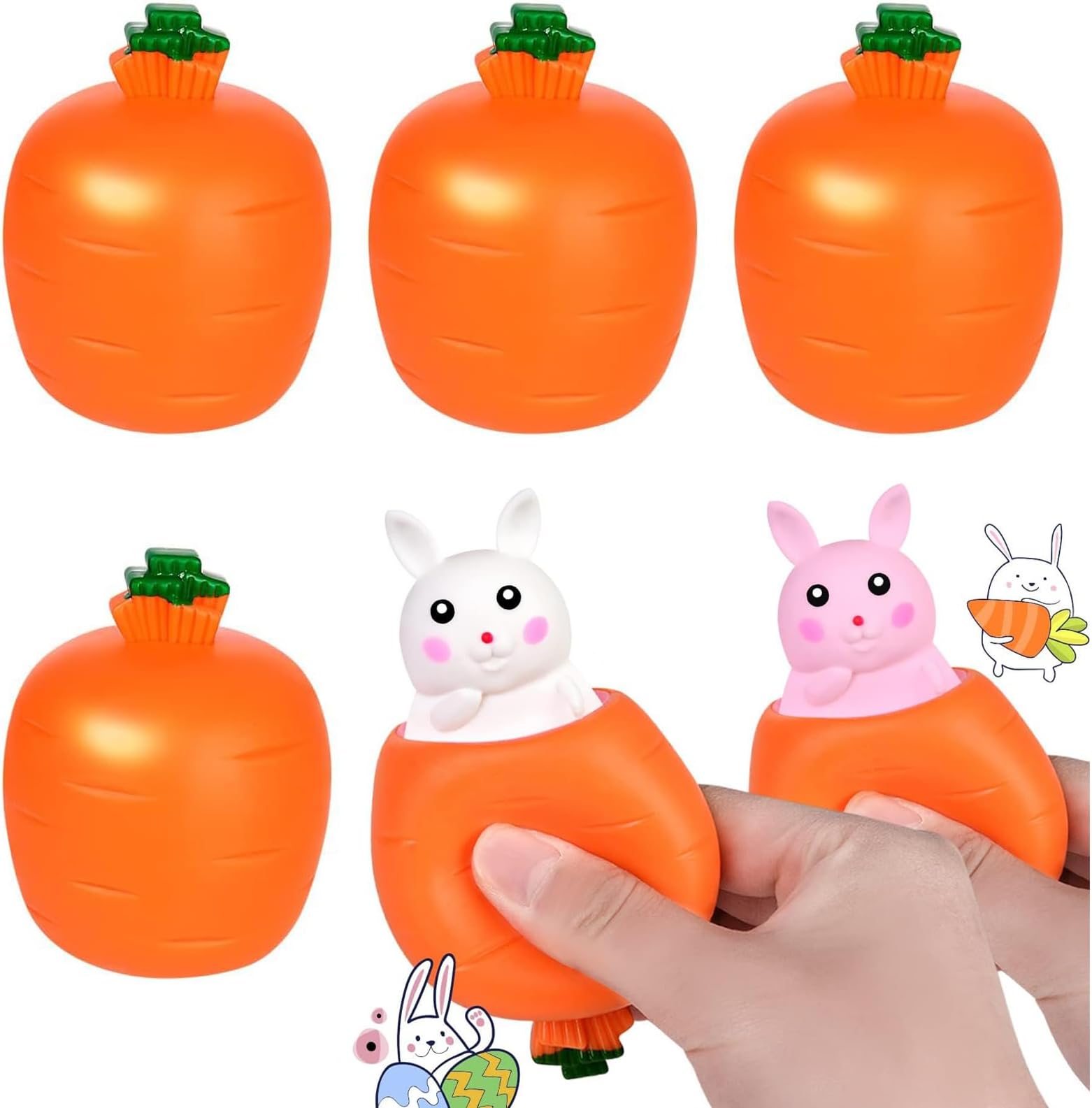 4 PCS Easter Bunny Squeeze Toys, Bunny & Carrot Easter Fidget Toy, Easter Gifts for Kids, Cute Carrot Rabbit Sensory Toys, Party Basket Fillers Fidget Toy, Presents for Adults Children Boys Girls