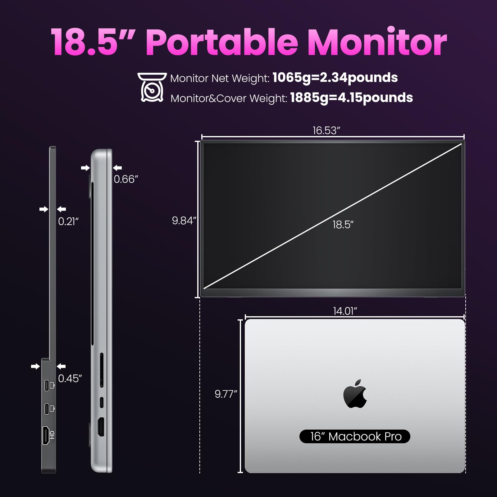 Upperizon Monitor Portatile 18,5" FHD 100Hz 130% sRGB HDR, Schermo Esterno da Viaggio USB-C HDMI per Laptop PC MacBook Surface PS5 Xbox, con Cover e Altoparlanti, Compatibile VESA
