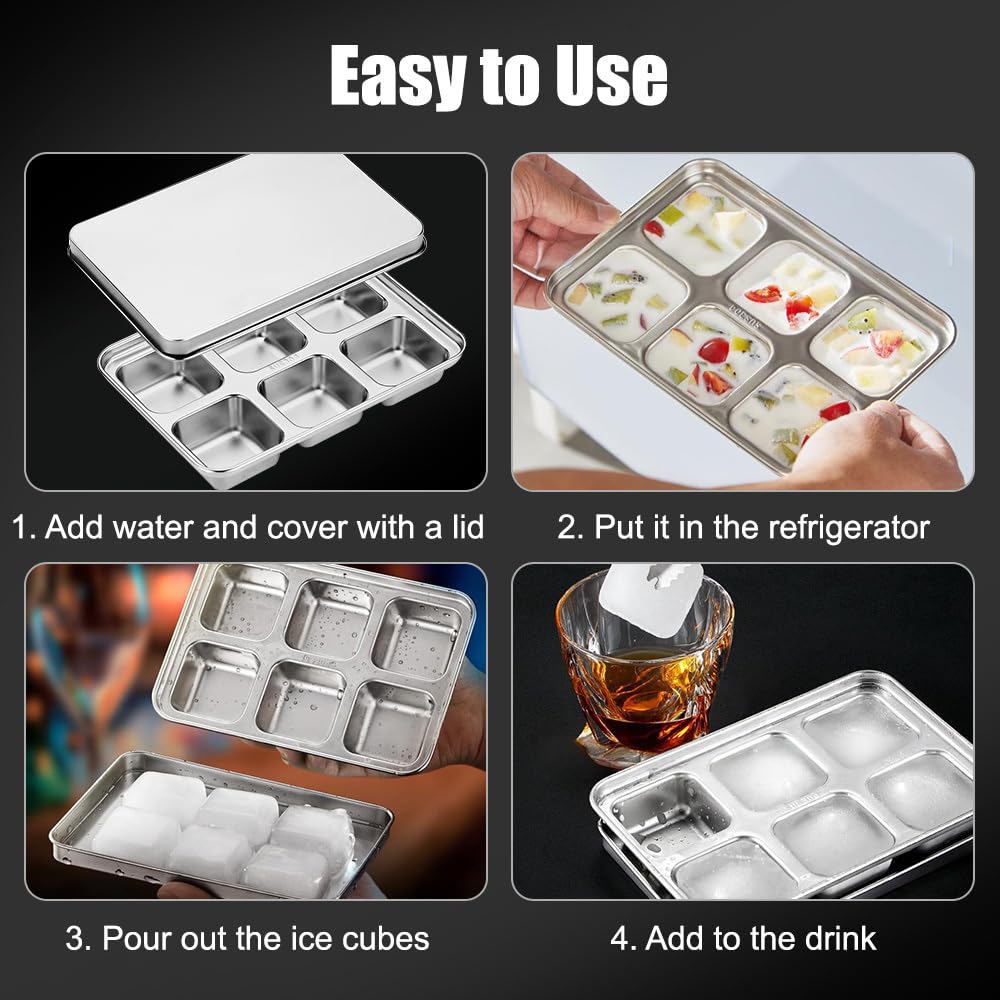 Bandeja de cubitos de hielo de acero inoxidable con tapa, máquina de hielo de 6 compartimentos, congelador eficiente para cócteles, whisky, vino, café y jugos