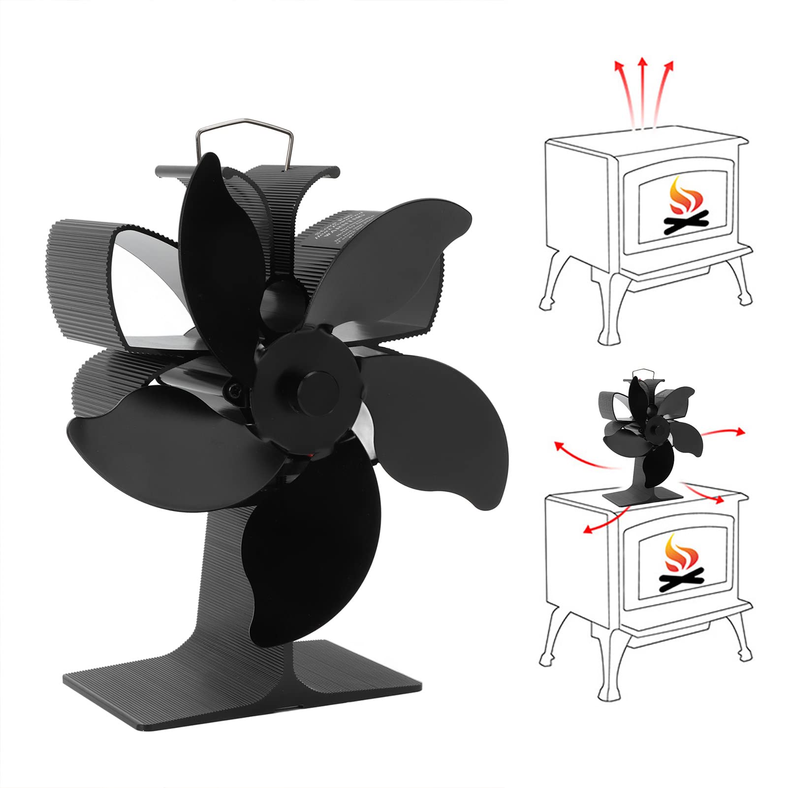 Ofenventilator, Kaminventilator, Holzofenventilator, Wärmebetrieben, 5 Flügel, Schwarz, Thermische Leistung, Umweltfreundlich, Energiesparend, Automatischer Start, Geräuscharm,