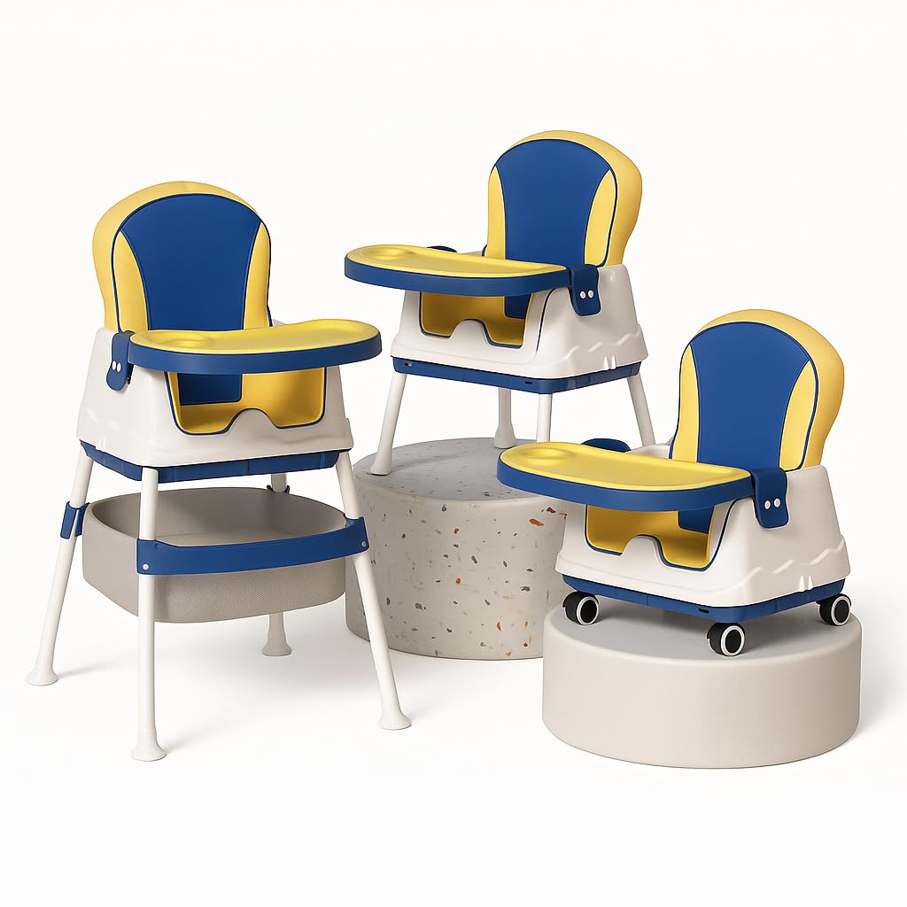 4-in-1 Baby High Chair for Feeding, Convertible Booster Seat & Toddler Chair with Tray, Adjustable Height, Cushion & Wheels, for 6 Months to 5 Years, Blue