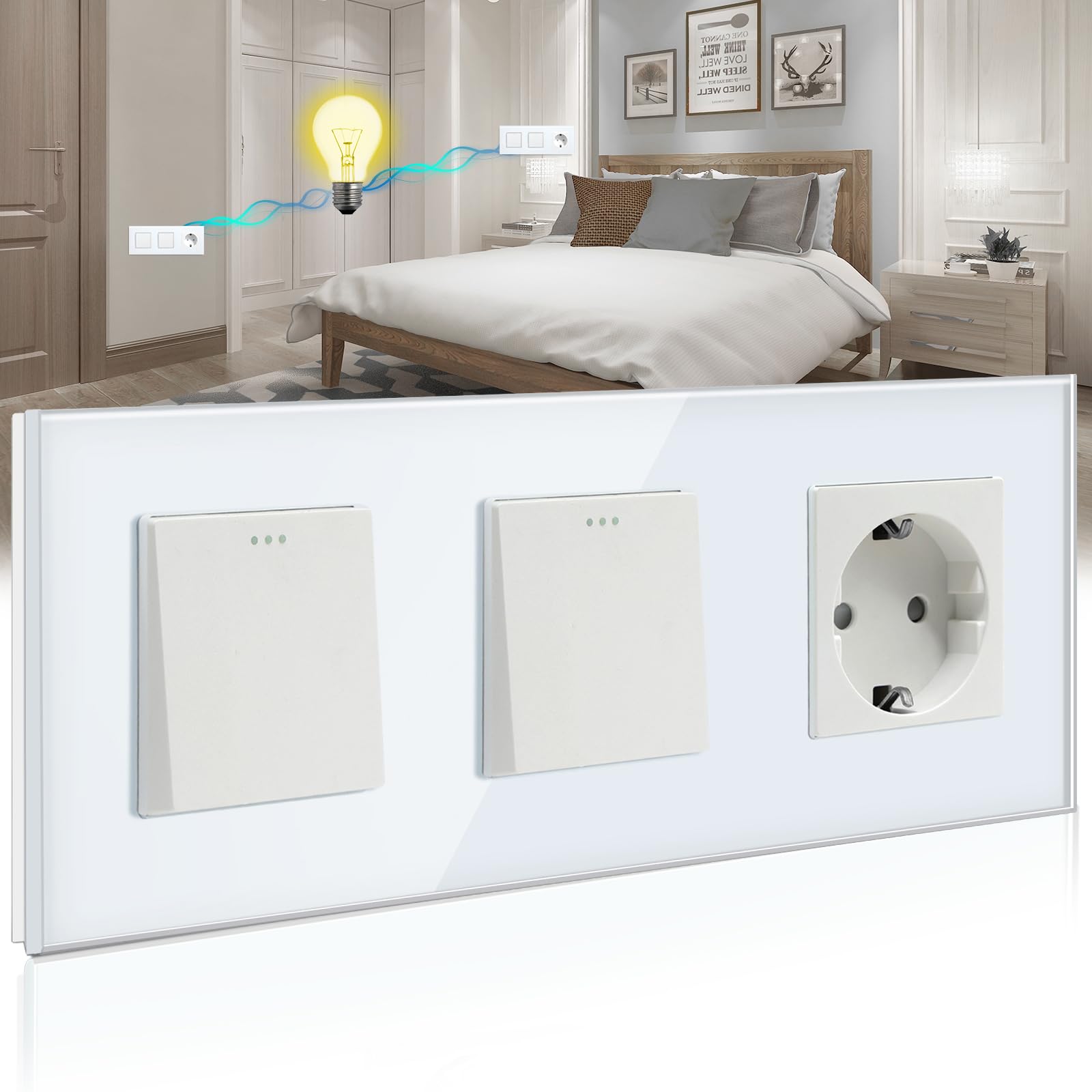 BSEED Double Wall Switch with Socket,1 Gang 2 Way Switch Switch+16A Schuko Socket,10A White Push Button Light Switch with Glass Frame,Wall Plugs for Kitchen