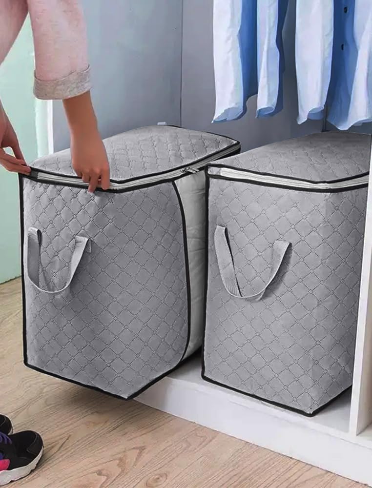 2-Pack Heavy-Duty Storage Bags with Zipper | Waterproof Moving & Travel Storage Organizers | Foldable Reinforced Handles for Clothes, Bedding,Blankets | Space-Saving,Horizontal Style,Light Blue