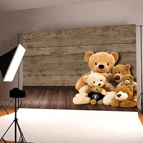Miniatura 4 de Telón de fondo de madera de 7 x 5 pies, oso para baby shower, lindo oso marrón, muñecas de felpa para amigos, fiesta de recién nacidos, sesión de