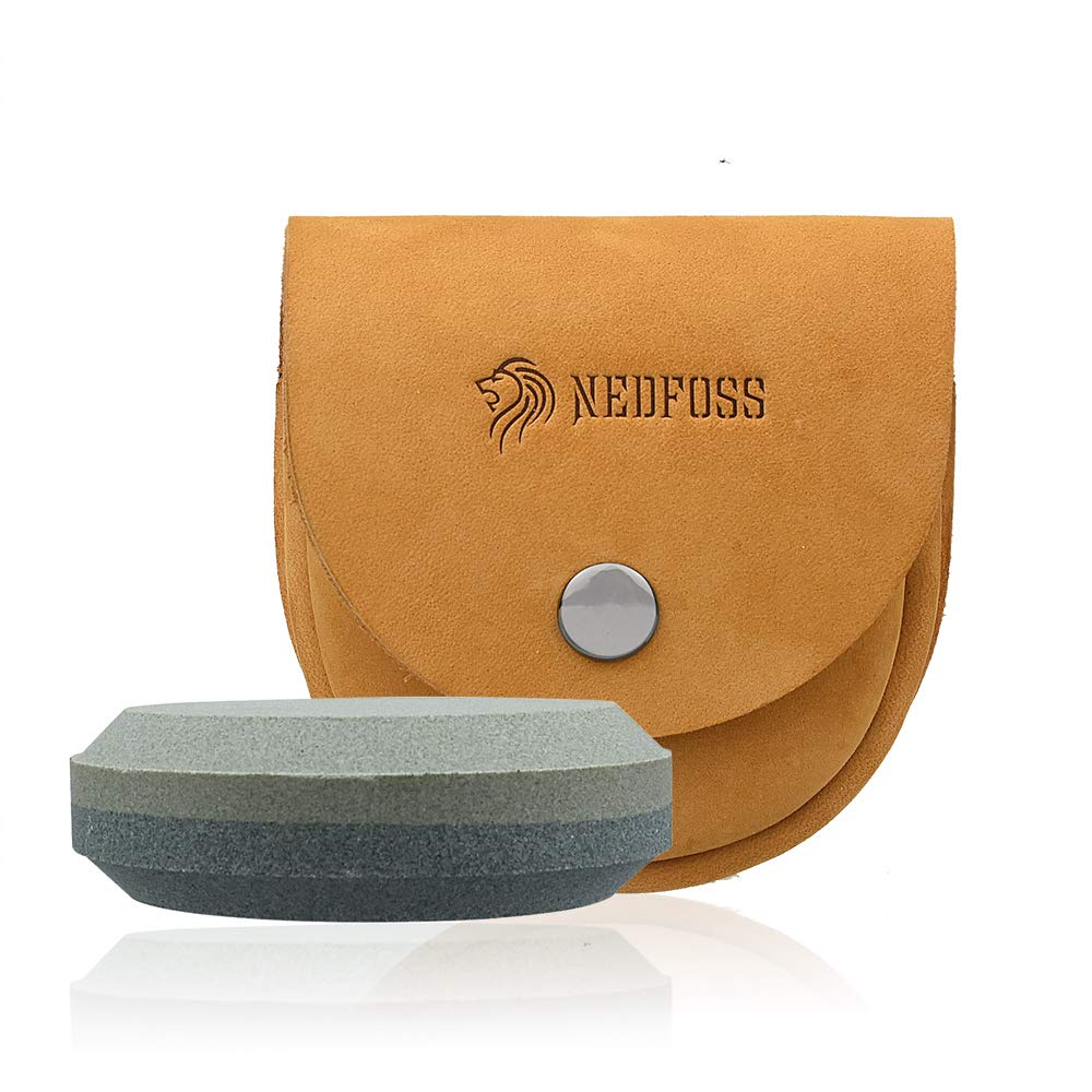 NedFossAxe Sharpener Tool with Leather Sheath, Sharpening Puck Whetstone Hatchet & Tool Sharpening Stone, Dual Grit Multi-Purpose Sharpener (Brown)