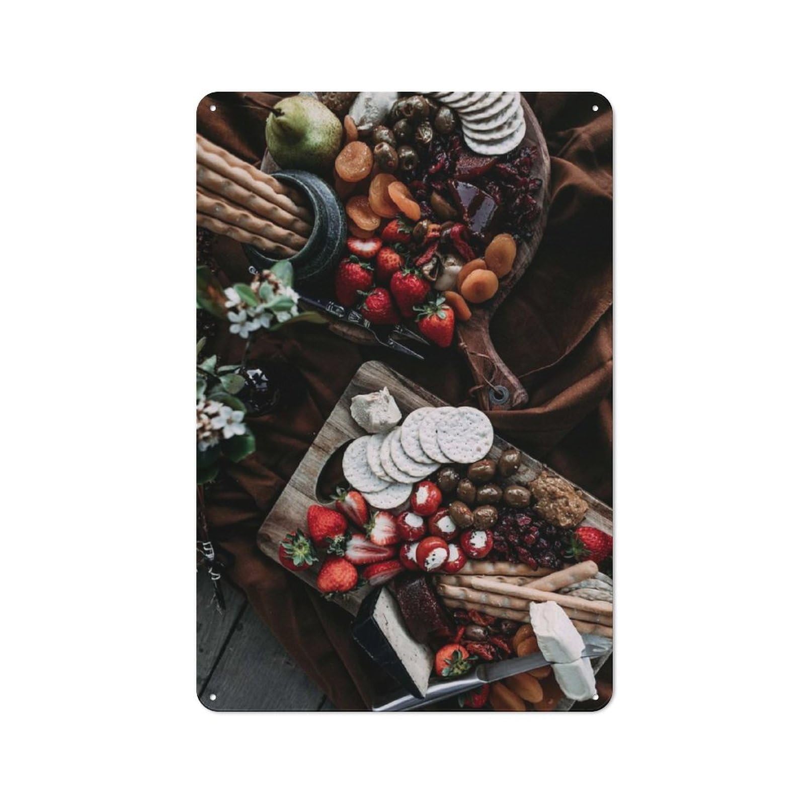 30x20cm Rustic Tin Wall Plaque with Gourmet Charcuterie Board with Fruits for Home Bar Wall, for Home Interiors, Feature Walls And Decorative Displays
