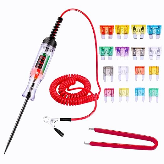 Automotive Test Light 3-90V DC Digital LED Circuit Tester, Auto Bidirectional Voltage Light Tester Electric Test Pen, 32Pcs Fuses with Relay Fuse Puller Pliers