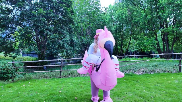 Disfraz inflable de flamenco para niños con sombrero rosa miniatura 7