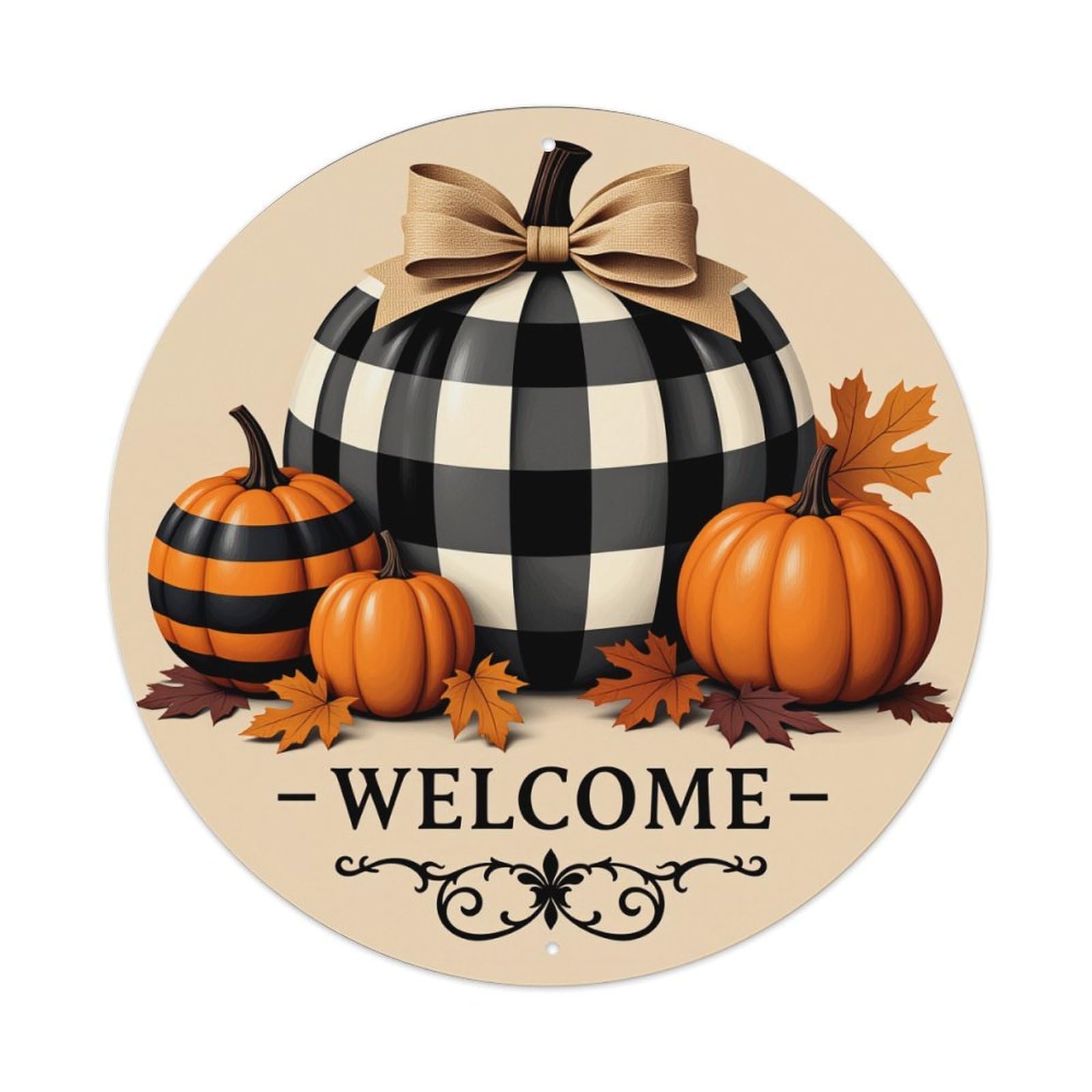 Checkered Pumpkin Autumn Leaves Welcome Round Tin Sign Vintage Metal Poster, Home Bar Garage Man Cave Cafe Indoor & Outdoor Wall Decoration 8x8Inches