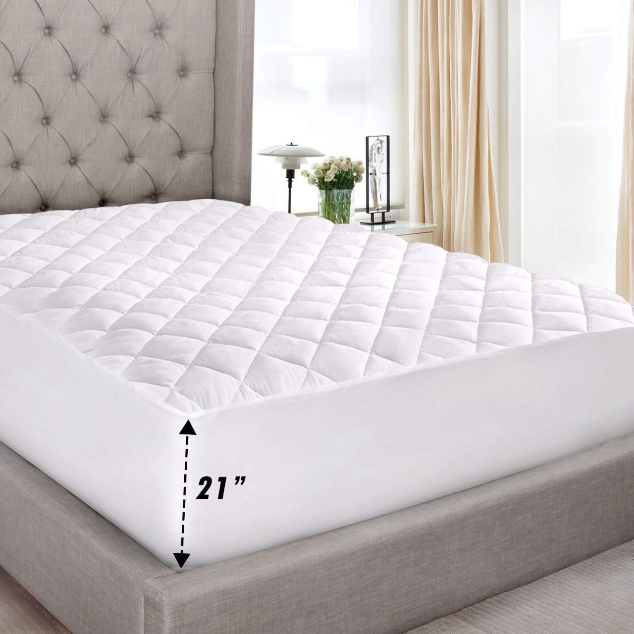 White Cotton-Poly Hypoallergenic Comfortable Soft - Queen Size Quilted Fitted Mattress Pad Cover 60 x 80 - Up To 20 Deep by Abit Comfort