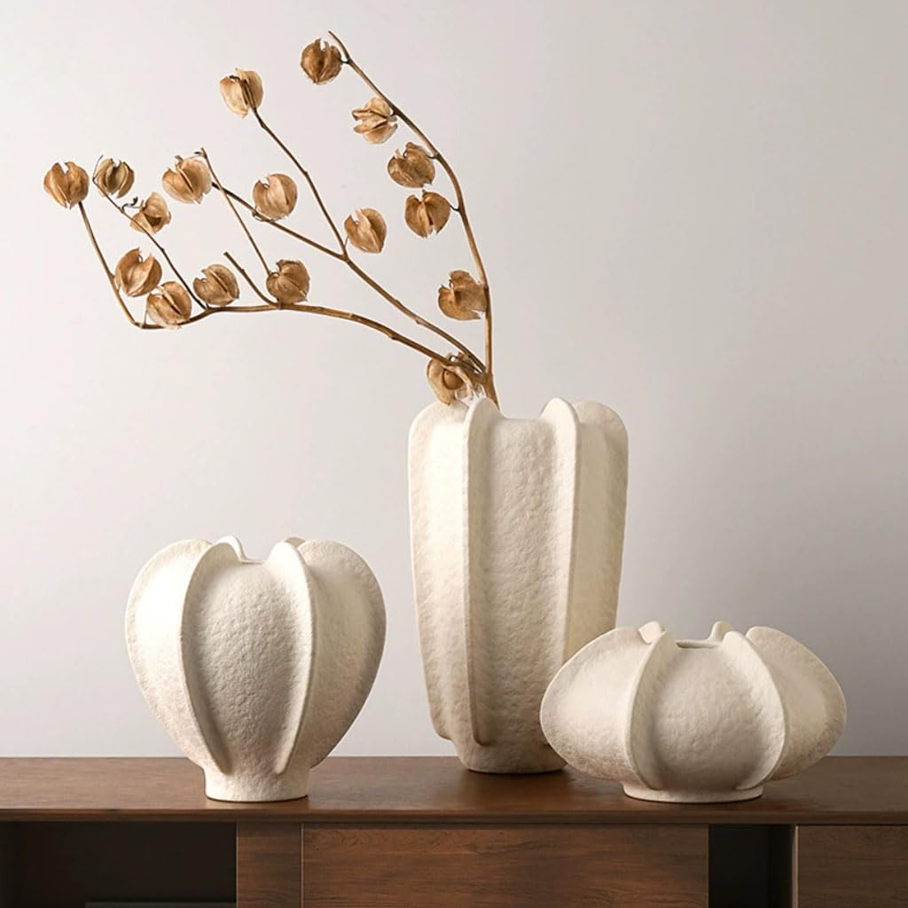 Vasen Set Keramikvase Organische Rillenform, weiße strukturierte Blumenvase Keramik für Trockenblumen, Minimalistisches Wohnaccessoires & Deko,A