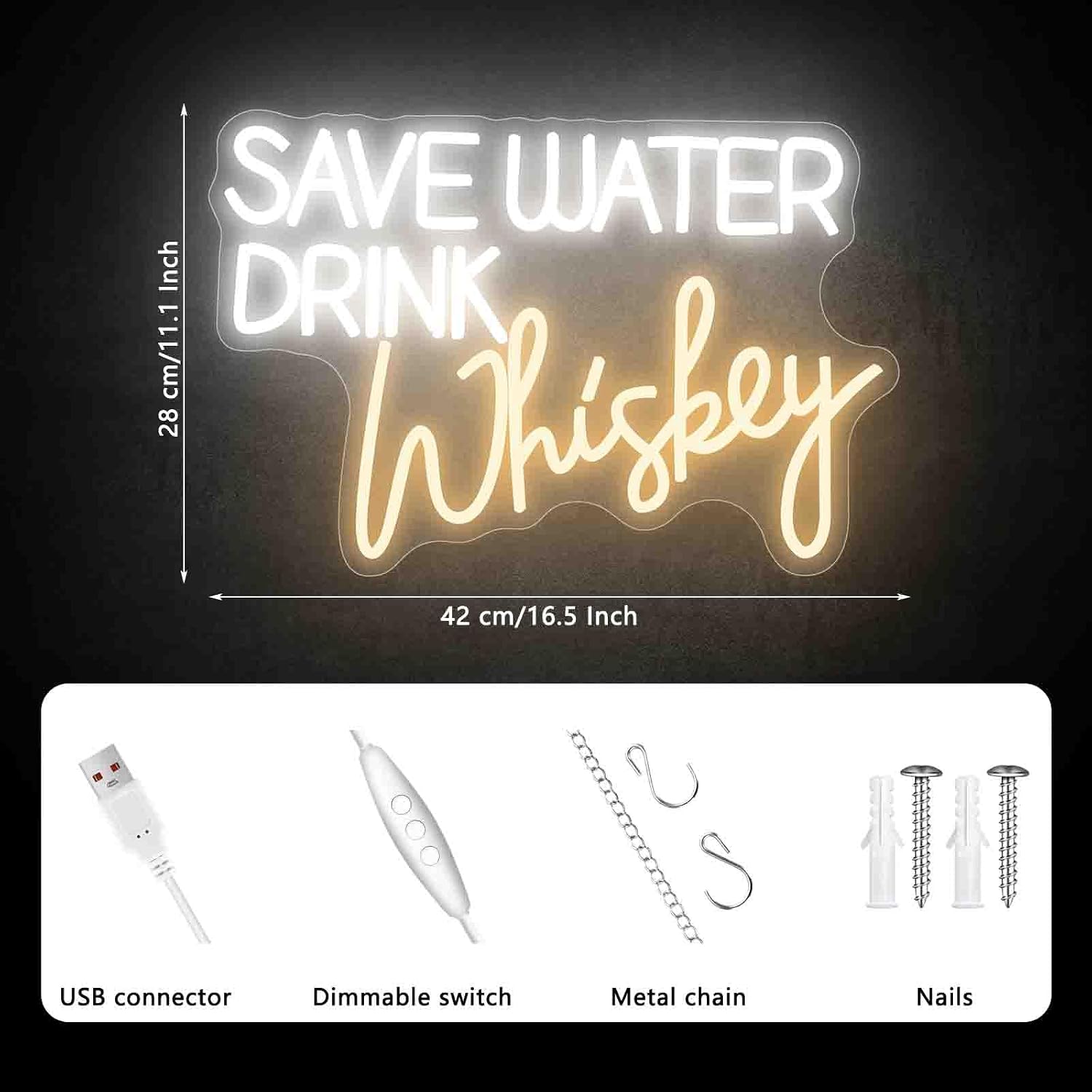 Save Water Drink Whiskey Neon Sign, Neon Signs for Wall Decor, Dimmable Led Signs for Bedroom, Light Up Signs for Home Bar Man Cave Pub Restaurant Bistro Club Birthday Party Decorations Gifts image 2