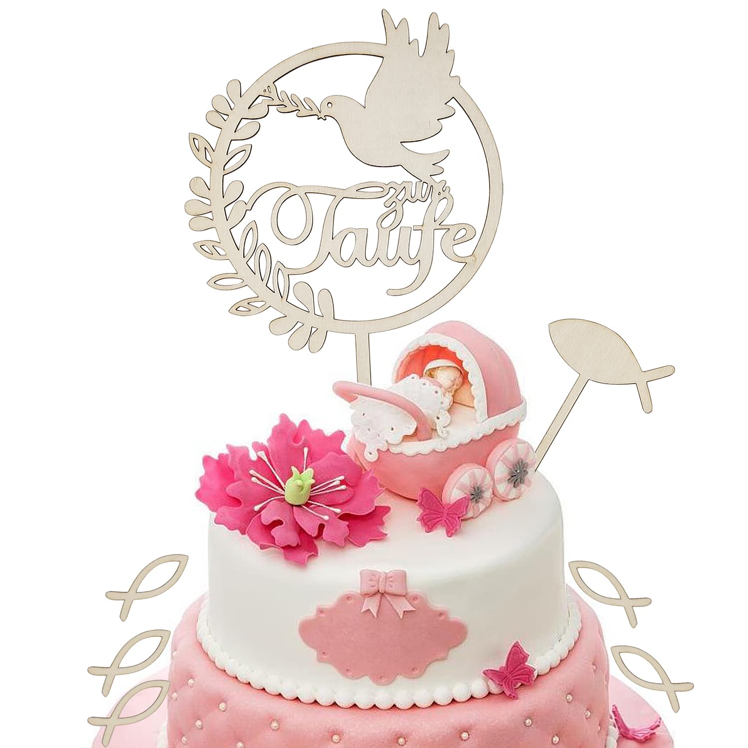 Taufe Cake Topper Set Aus Holz – Mit Taube, Fisch & Personalisierbarer Tortenfigur