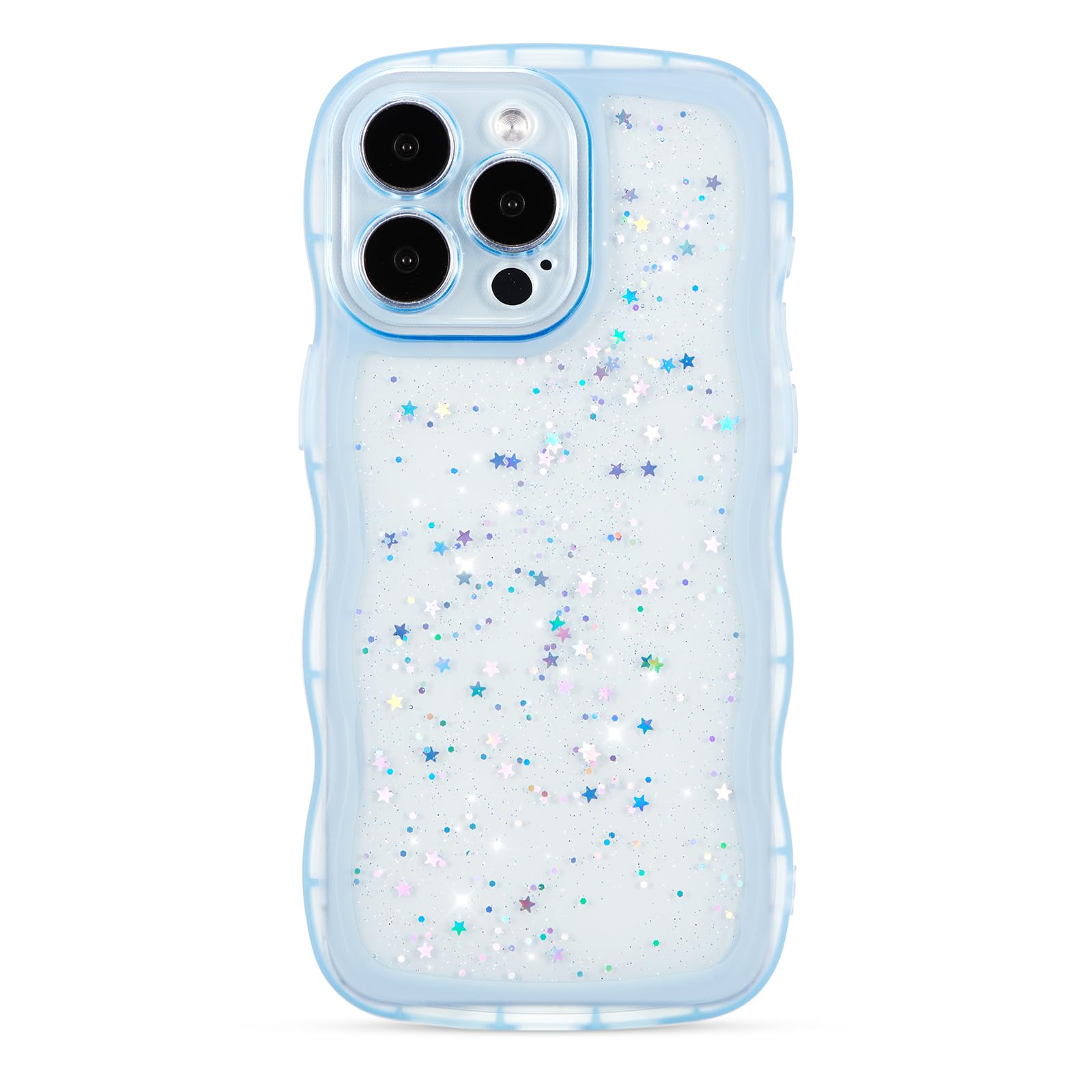 ZTOFERA for iPhone 15 Pro Max Case 6.7",Cute Curly Wave Case with Star Glitter,Clear Shiny Bling Soft TPU Shockproof Phone Protecive Case for Women Girls-Blue
