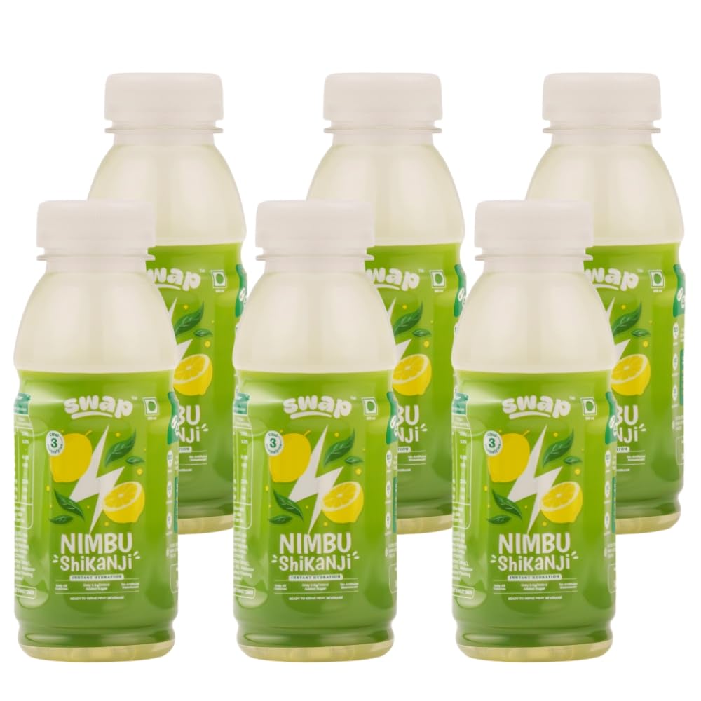 SWAP Electrolyte Fruit Hydration Drink | Aam Panna, Nimbu Shikanji, Jamun Kala Khatta | Low added sugars, NO artificial sweeteners or colours | Made with fruit pulp | 300 ml x 6 (6, Nimbu Shikanji)