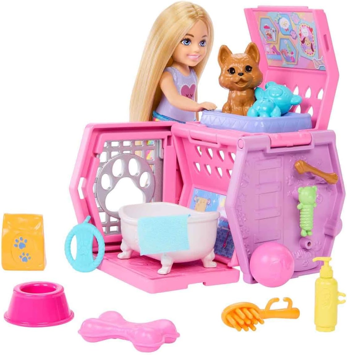 Barbie Chelsea Puppy Carrier Playset, Blonde Small Doll and Accessories, Dog Carrier with Puppy Themed Play Pieces