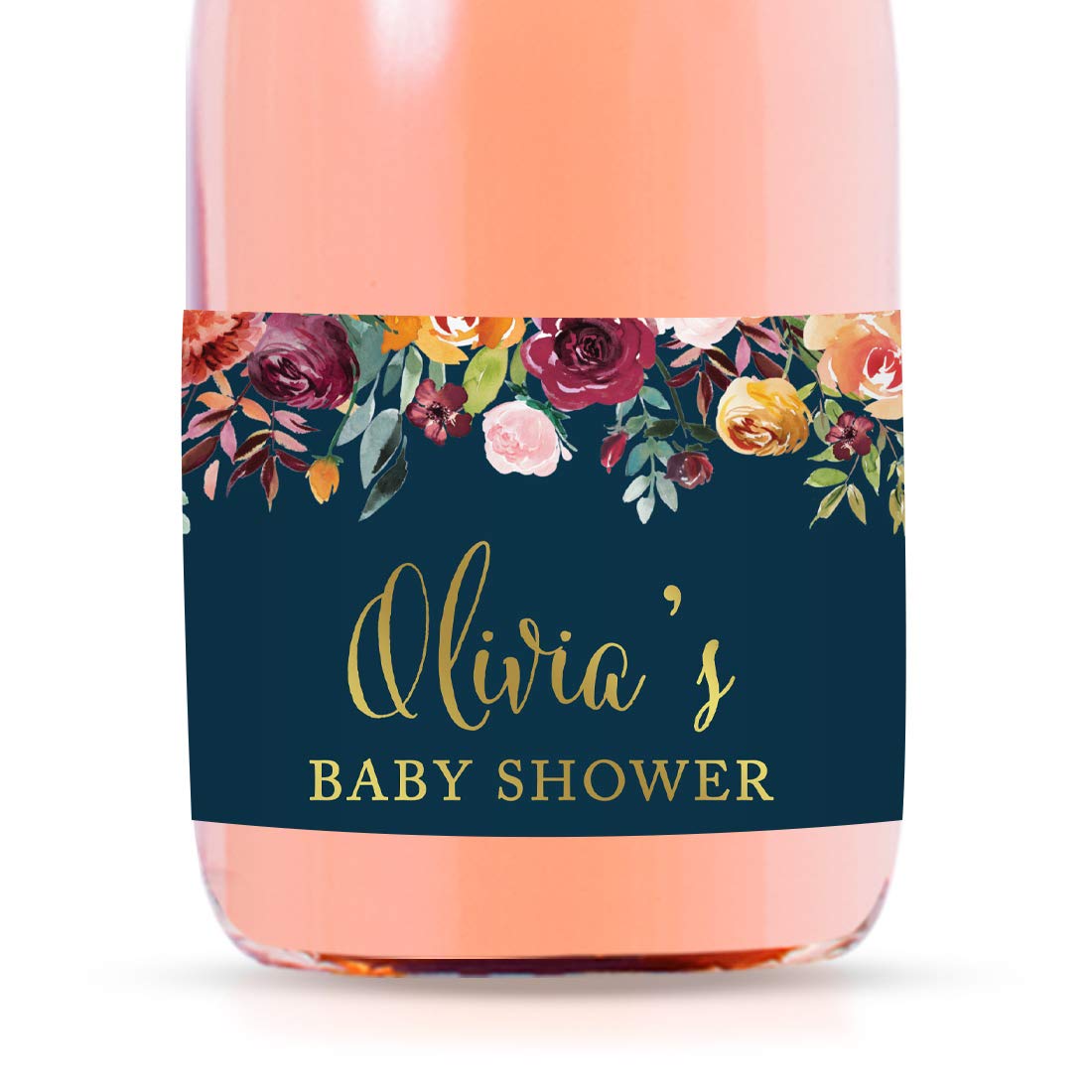 Andaz Press Personalized Mini Champagne Wine Bottle Labels, Olivia's Baby Shower, Date, Fall Autumn Burgundy Navy Blue Floral Roses, 20-Pack, Custom Mini Champagne Favor Gift Stickers for Baby Shower