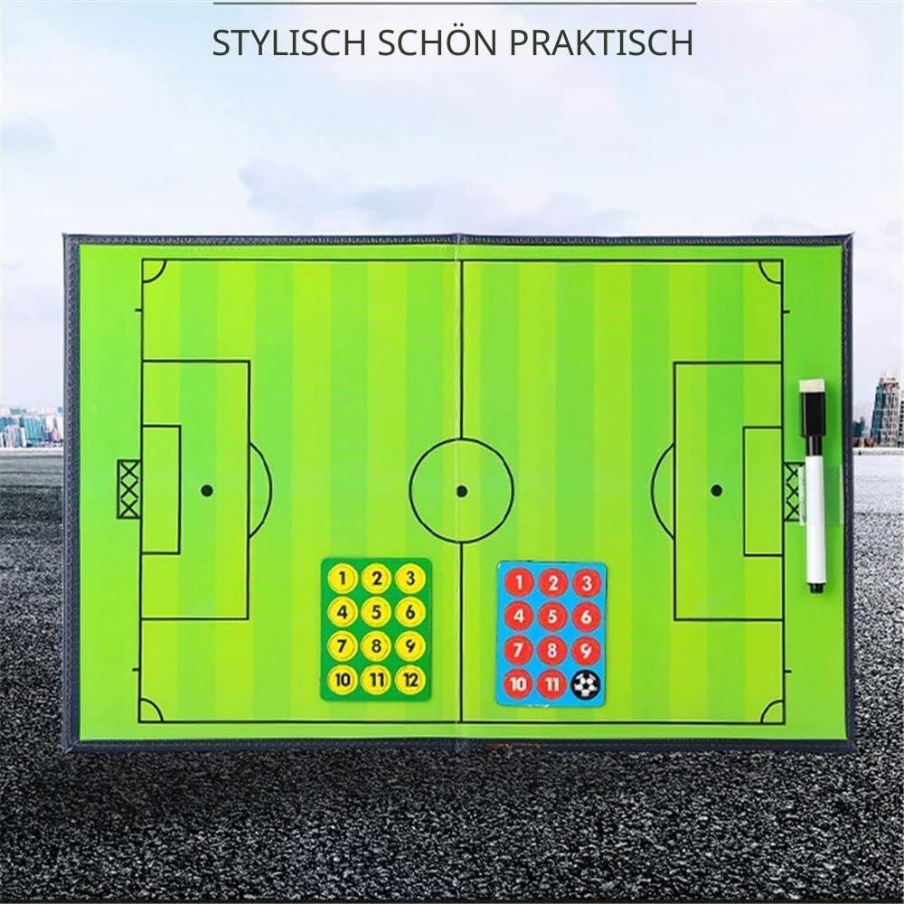 CREADY Taktiktafel Fußball, Taktikboard Fussball, Trainermappe Fußball, Taktikmappe Fußball mit Zubehör, inklusive magnetischer Chips und Zubehör zum Beschriften der Tafel.