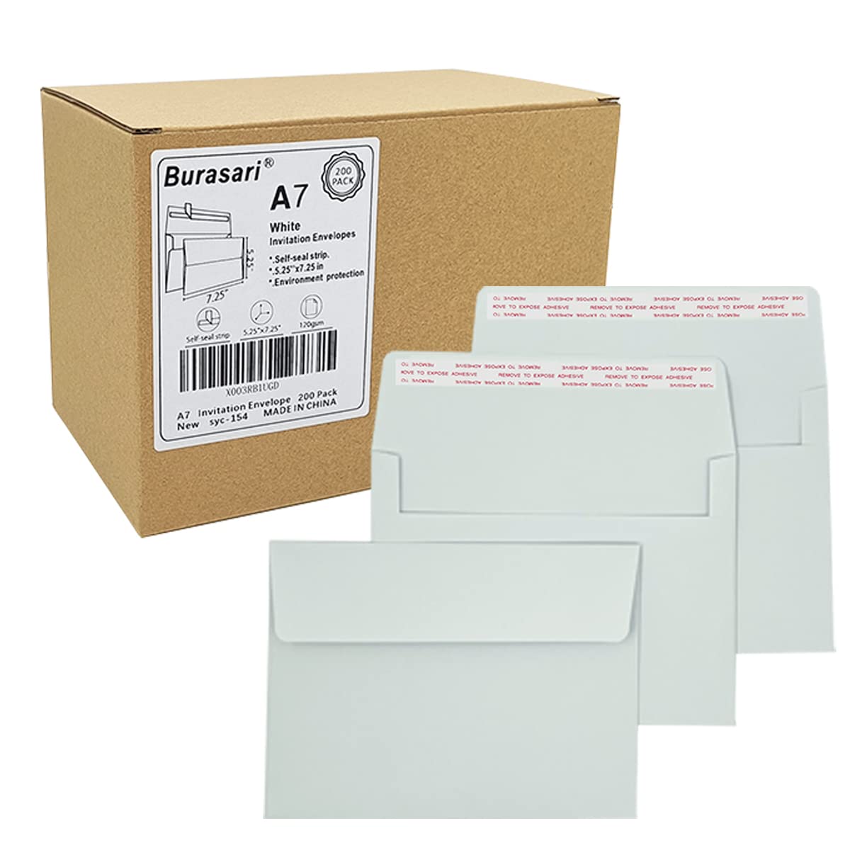 Burasari A7 Invitation Envelopes (200 PCS) - 5.25x7.25 in Windowless Design, 120GSM White Paper, Printable Quick Self-Seal for Greeting Cards, Photos,