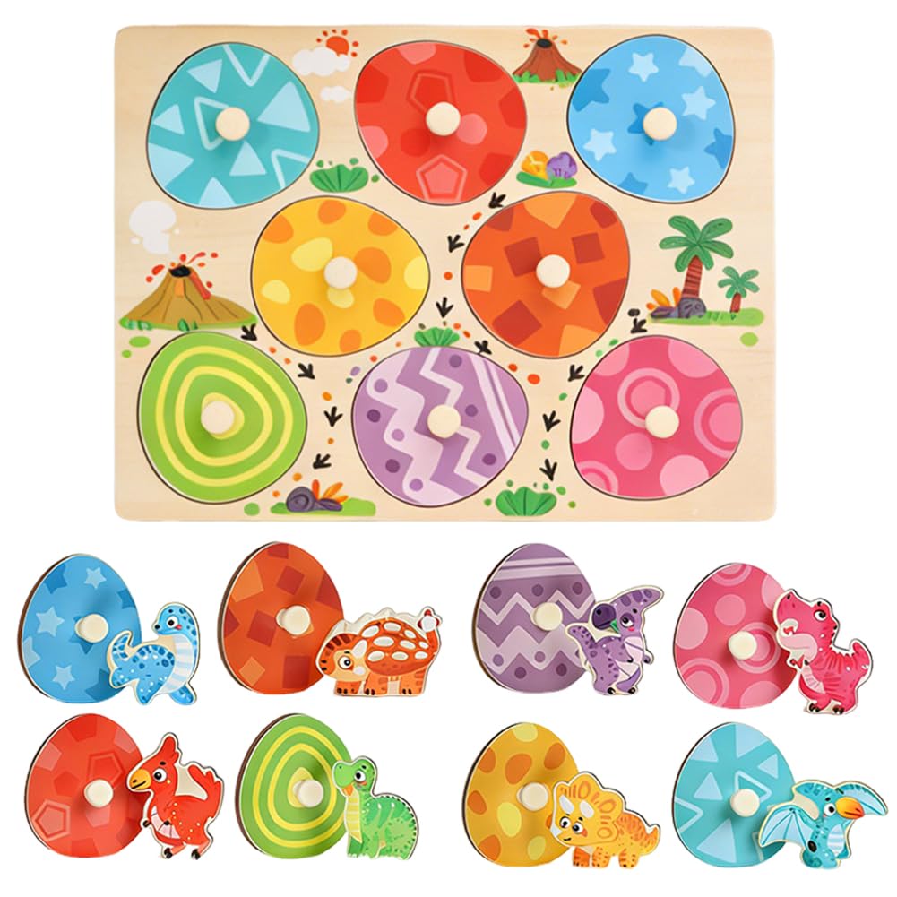 Wooden Dinosaur Puzzle Board, Shape Matching Learning Dinosaur Egg Pieces, Sensory Developmental, Perfect Birthday Christmas Easter for Family