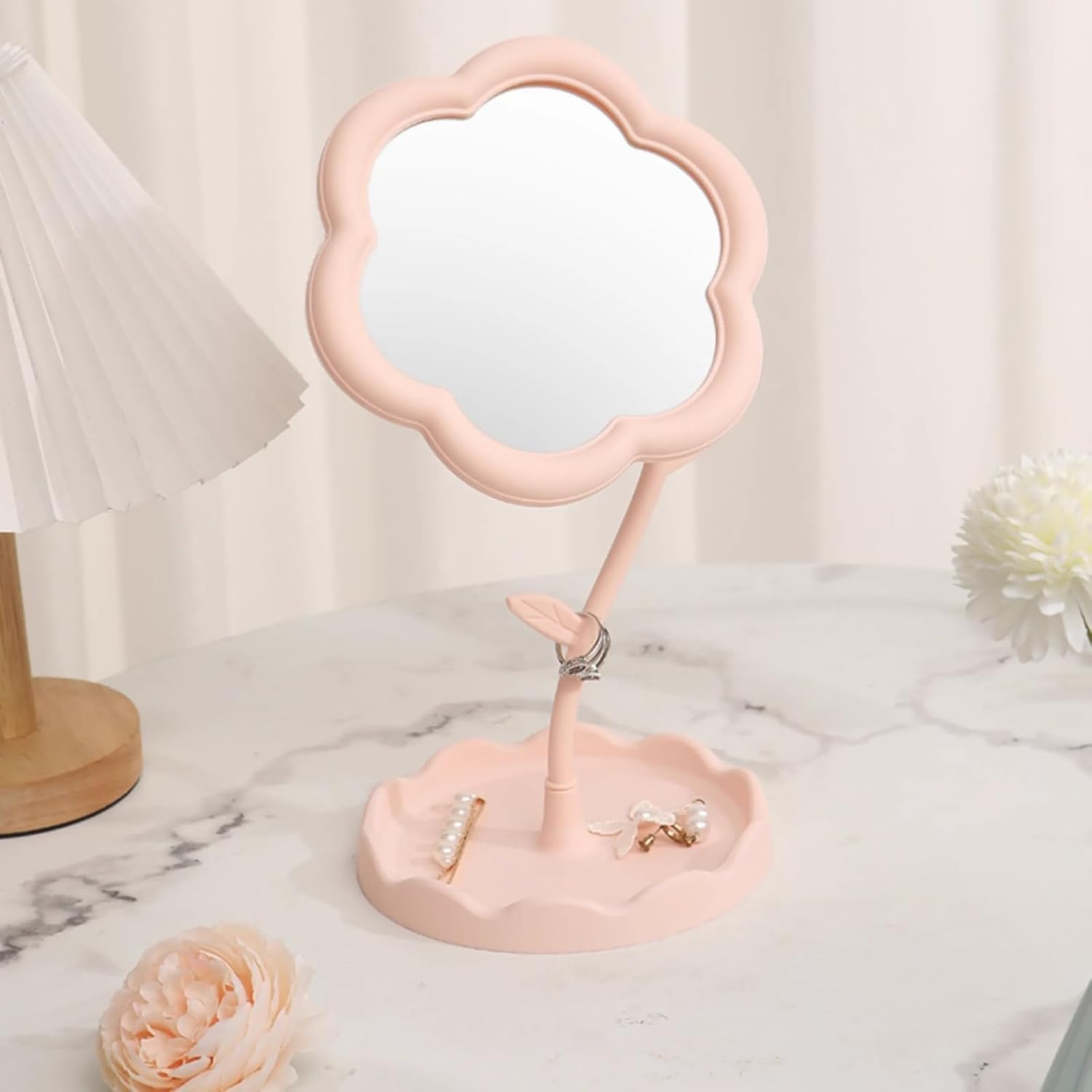 Dressing Table Makeup Mirror with 360 Degree Rotation Design Tabletop Mirror with Jewelry Rack Holder and Integrated Storage Tray for Bedroom and Living Minimalist Home Décor (Flower)-image-19