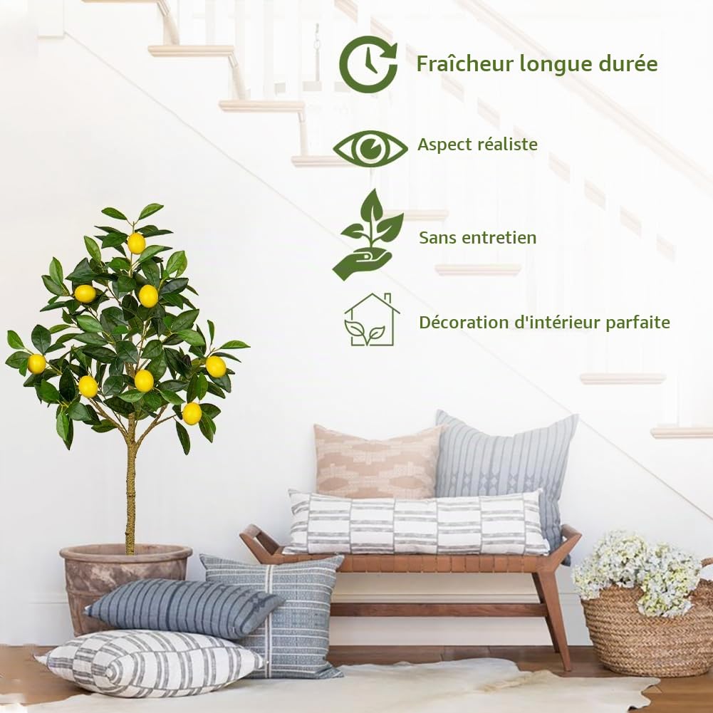 Oairse 100 cm - Grand citronnier artificiel - Grand arbre en pot - Pour l'intérieur et l'extérieur - Décoration moderne - Pour salle de bain, salon, chambre à coucher, balcon
