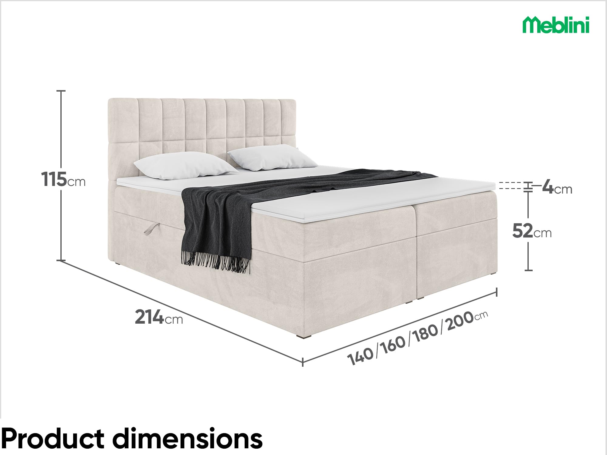 MEBLINI Boxspringbett mit Bettkasten - 180x200 - Gepolstert Doppelbett mit Matratze und Topper - Polsterbett mit Stauraum - Bett mit Kopfteil - Stauraumbett - Lukas - H4/Beige Samt