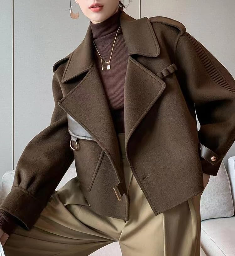 utcoco Women Cropped Wool Coats Warm Pea Coat Notched Lapel Open Front Trench Overcoat Jackets with Pockets4