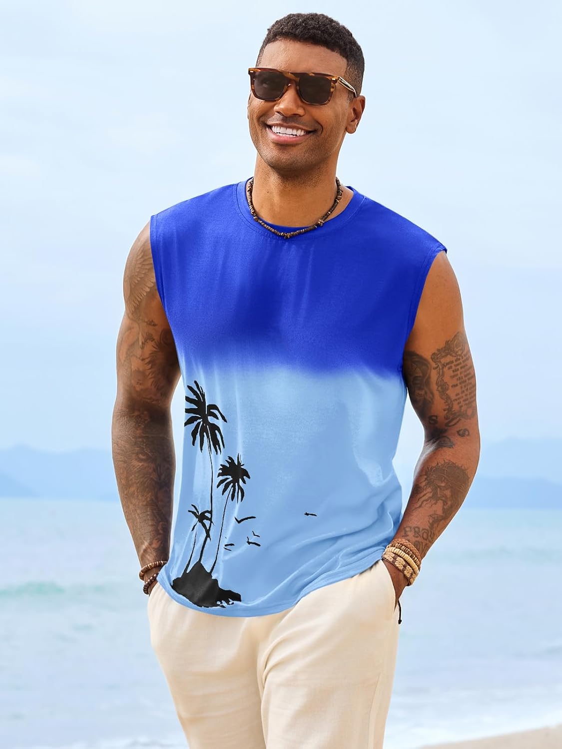 Runcati Mens Graphic Tank Tops Sleeveless Palm Tree Gradient Shirts Beach Hawaiian Gym Muscle Workout Tops - Image 2