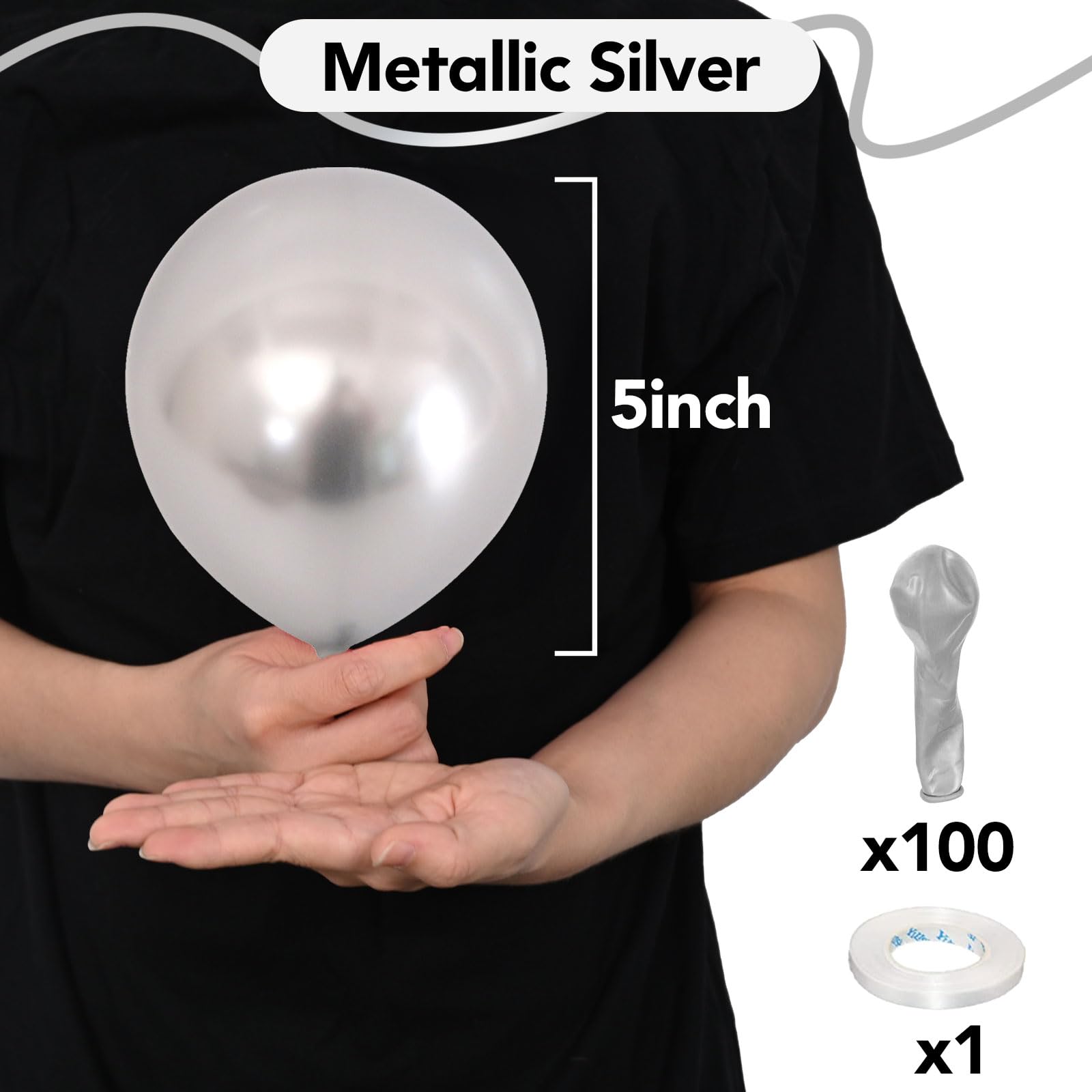 KYGNE Metallic Silver Balloons, 100 Packs 5 Inch Chrome Silver Latex Balloons with Ribbon, Perfect for Birthday, Baby Shower, Graduation, Anniversary, New Year