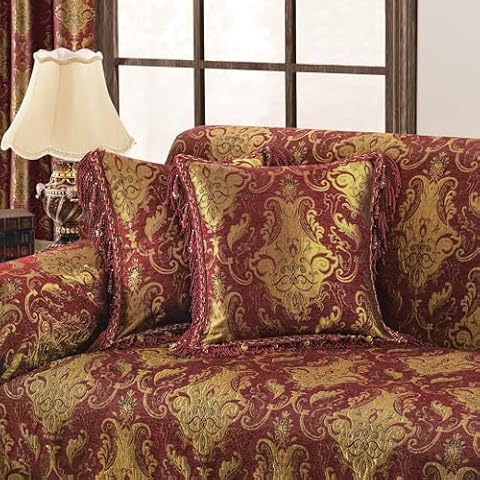Loom and Mill Luxury Throw Pillow Cover 20 x 20 Inches 1 Piece, Jacquard Decorative Chenille Square Pillow Cover European Pillowcase with Lace Edge and Tassels for Bed Couch Sofa Car Home Decor, Red Cover