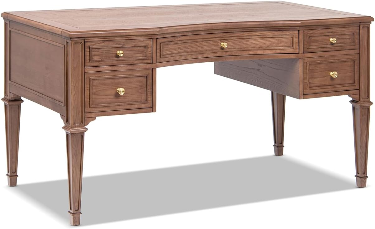 Jennifer Taylor Home JTH Luxe Dauphin Gold Accent 5-Drawer Wood Executive Desk, Natural Brown Ash Wood