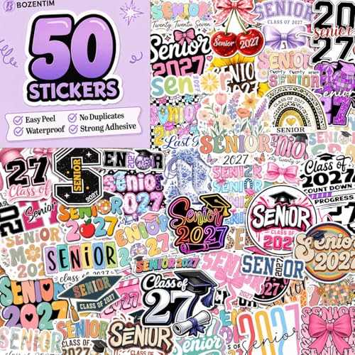 50Pcs-3" Senior 2027 Sticker Pack Cute Girly & Boy High School Stickers for Student Senior Stickers Graduation Class of 2027 Gift College Student Decoration Decal for Laptop Bottle Tablet Case
