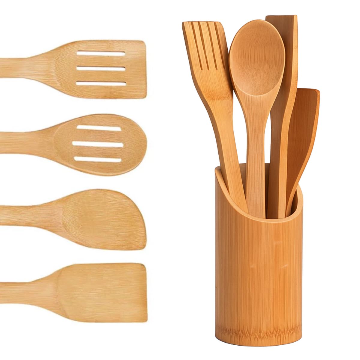 Kit de Utensílios de Cozinha com 5 Peças em Bambú e Suporte Natural Ecológico Resistente