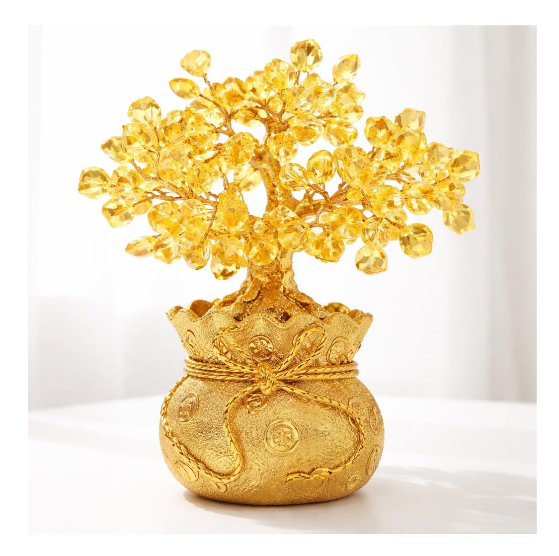 SPHINX Chakra Crystal Money Tree Bonsai with Golden Potli (Wealth Bag) Base – Healing Gemstone Tree for Wealth, Prosperity & Positive Energy – Feng Shui Good Luck Decor & Gift (7x3 Inch)- (Citrine)