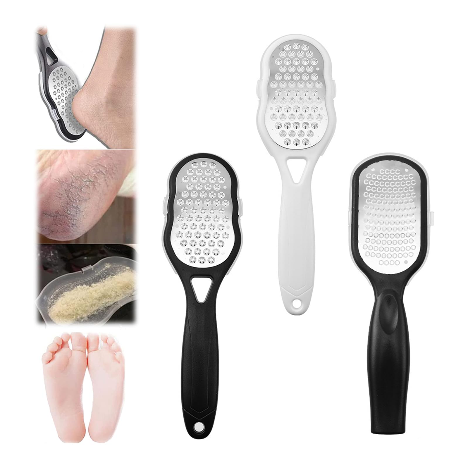2024 - Raschietto per piedi in acciaio inox, per rimozione calli e pedicure, per rimuovere la pelle dura, raspa per piedi bagnati e asciutti (3 pezzi)