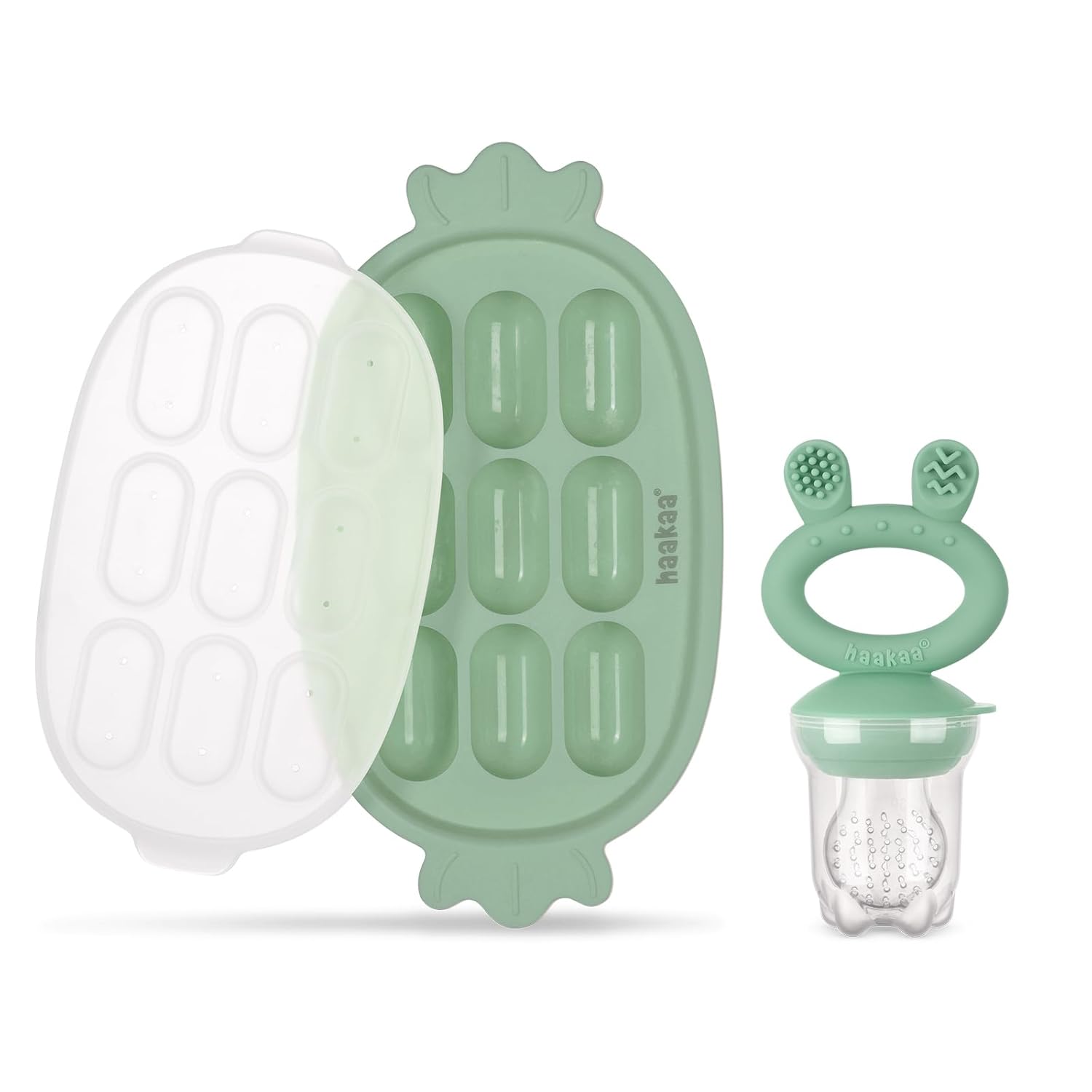 Haakaa Baby Fruit Food Feeder & Silicone Freezer Nibble Tray Combo - Breastmilk Popsicle Mold for Baby Cooling Relief, BPA Free Baby Mesh Food Feeder for Infant Self Feeding - Pea Green
