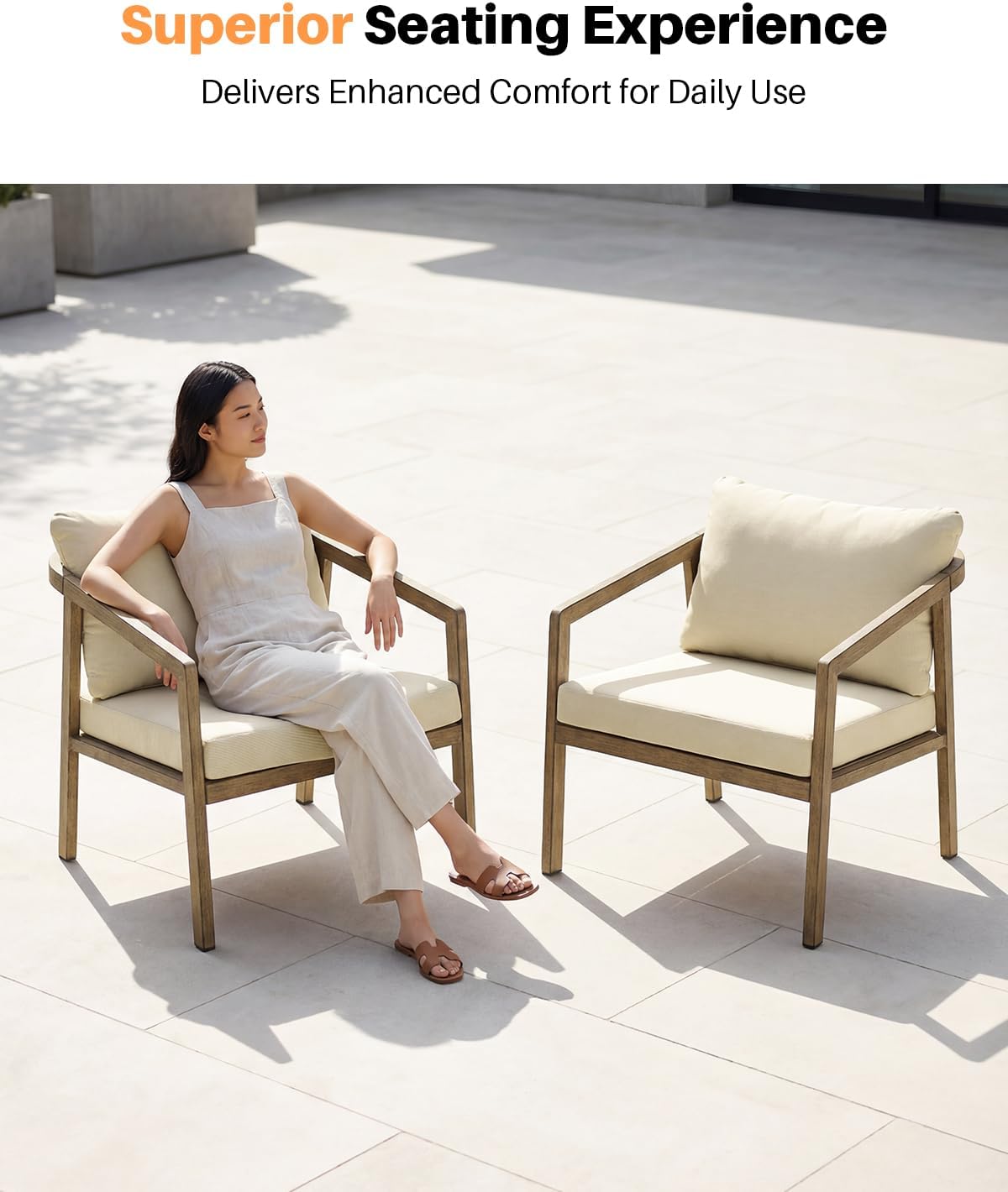 Teak Patio Sofa Chairs Set of 2, Never-Rust Aluminum Outdoor Armchair with Removable Cushions, All Weather 2 Pieces Outdoor Club Chairs, Outdoor Sofa Chairs for Garden, Porch, Balcony