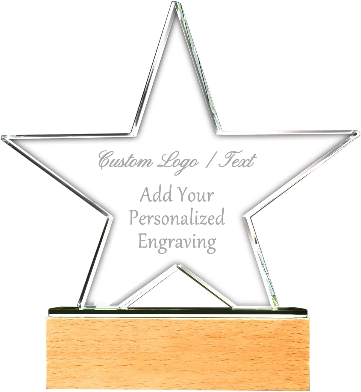 Muka (Price/Piece) Engraved Trophy Custom Crystal Star Award with Beech Base, 8.46" H x 7.87" W x 0.79" D, Sand Jet Engraving