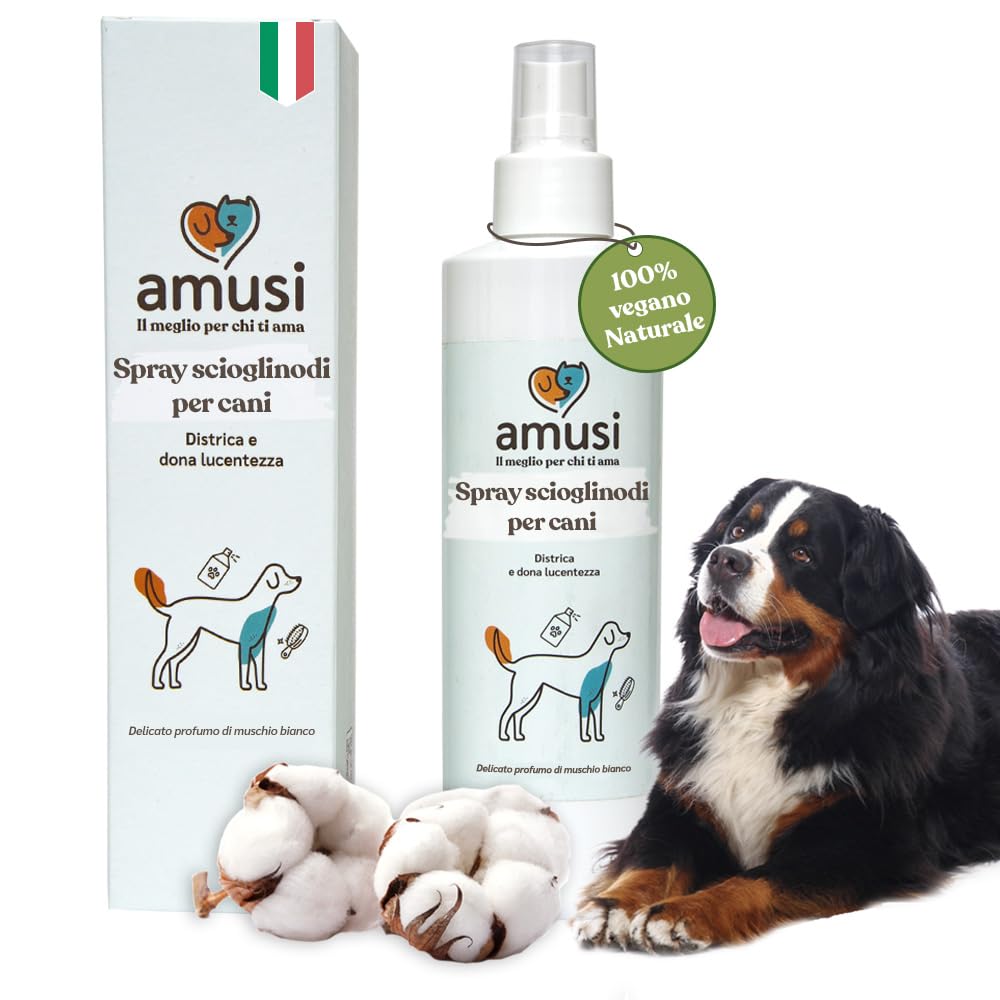 amusi Balsamo Cani Pelo Lungo Spray Sciogli Nodi Pelo Cane 250ml - Made in Italy, Formula Ipollergenica, Lucida, Condiziona, Nutre, Effetto Antistatico, Balsamo per Cani Spray, Districante Pelo Cane