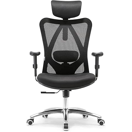 SIHOO デスクチェア 人間工学 オフィスチェア ハイバック パソコンチェア S字立体背もたれ テレワーク 疲れない椅子 可動式アームレスト メッシュチェア 通気性 昇降ヘッドレスト ランバーサポート付き 135度ロッキング機能 事務椅子 社長椅子 テレワークチェア 在宅勤務 （M18 ブラック）