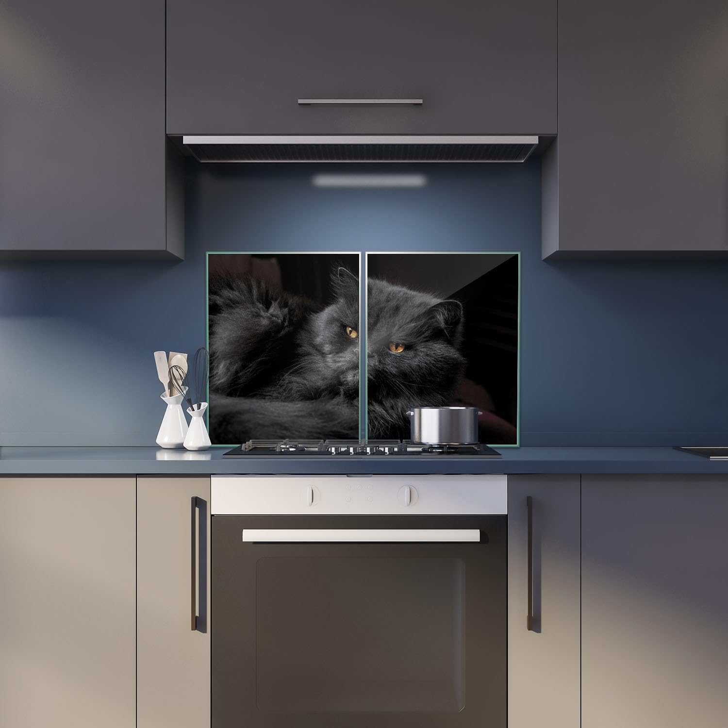 Herdabdeckplatte Abdeckung Ceranfeld Abdeckplatte Schneidebrett 2-Teilig 80x52 Katze Schwarz Spritzschutz Glasplatte Ceranfeldabdeckung Schutz Herdschutz Sicherheitsglas Glasschneidebrett 2x40x52