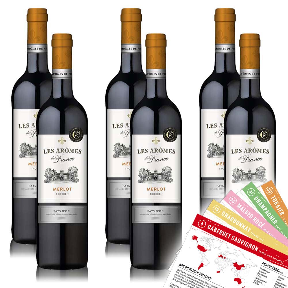 Les Aromes de France Merlot IGP, trocken, sortenreines Weinpaket + VINOX Winecards (6x0,75l)